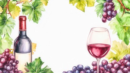 A beautiful illustration featuring a wine bottle, glass, and fresh grapes surrounded by vibrant green leaves.