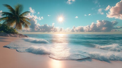 Vibrant 3D animation of a tropical beach with palm trees, ocean waves, and a bright sun, evoking summer vibes.