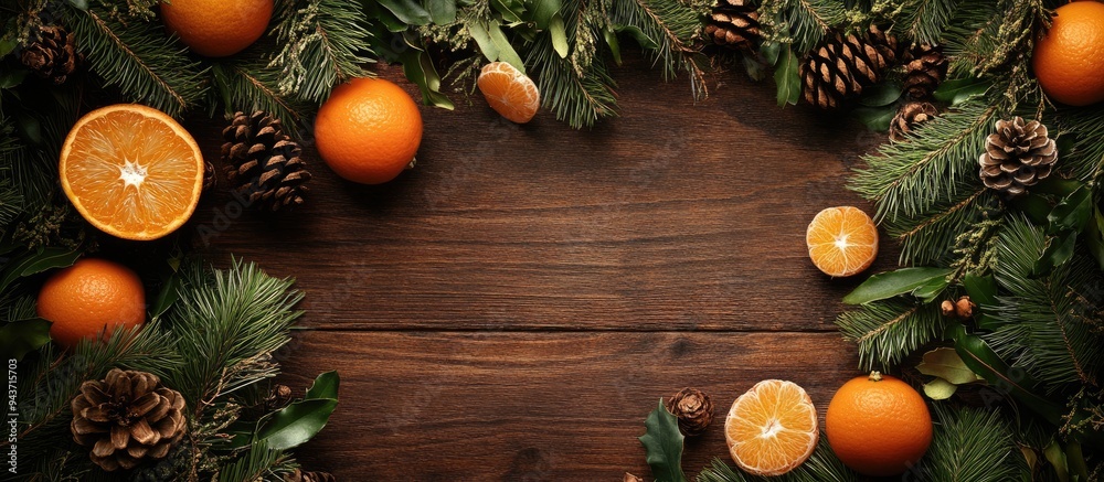 Aufkleber Christmas decorations feature fir branches cones and tangerines on a wooden backdrop. with copy space image. Place for adding text or design