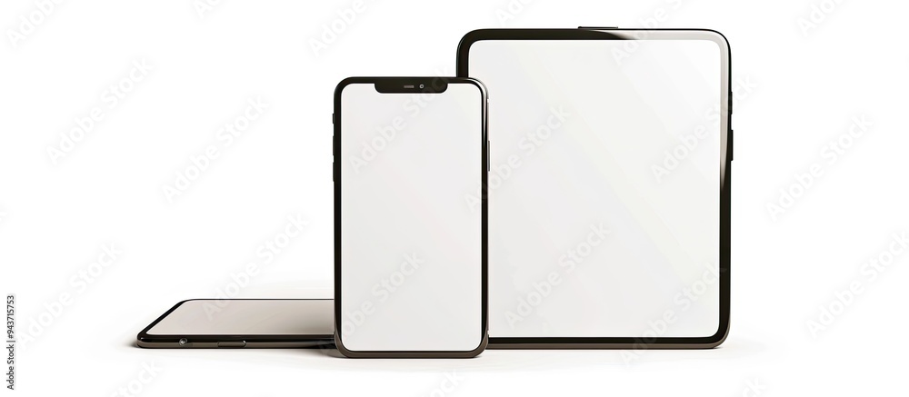 Poster arranged digital tablet and smartphone with empty screens isolated on white. with copy space image. Place for adding text or design