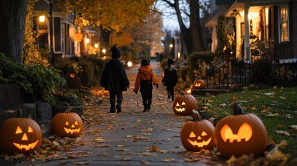 Three children stroll along a festive sidewalk filled with carved pumpkins, surrounded by autumn leaves on Halloween night