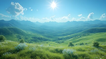 Obraz premium Serene 3D summer landscape with rolling hills, a clear blue sky, and a bright sun shining down.