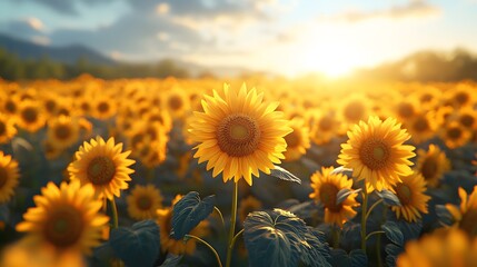 Fototapeta premium Radiant 3D summer scene featuring a field of sunflowers under a clear blue sky.