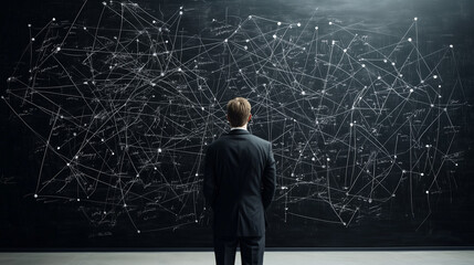 Businessman Facing a Complex Web of Connections on a Chalkboard, Delving Into the Intricacies of Business Strategy and Problem-Solving, Reflecting on Corporate Challenges and Strategic Planning