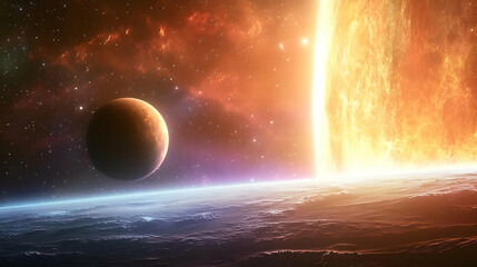 Obraz premium A planet in the foreground of an erupting star, surrounded by nebula and a vast field of stars.