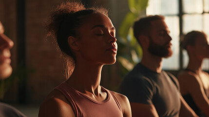 Young Man Meditating in a Group Yoga Session, Embracing Inner Peace and Mindfulness in a Calm Studio Environment, Symbolizing the Pursuit of Mental Clarity and Spiritual Well-being Through Meditation