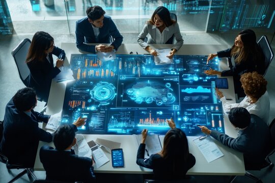 Business meeting on iot implementation in office with diagrams and advanced smart tech interfaces