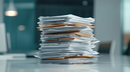 A tall stack of disorganized papers and files creates sense of chaos in office environment. 