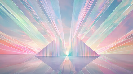 A serene digital landscape featuring vibrant pyramids and radiant light beams, evoking sense of tranquility and wonder.