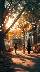Obraz premium Three children in costumes stroll down a charming street adorned with Halloween decorations and illuminated by festive lights at twilight
