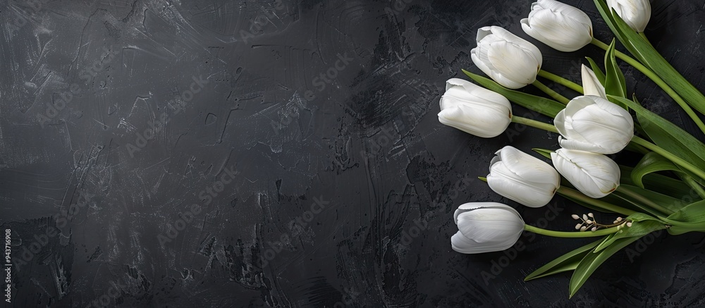 Aufkleber Composition featuring a clipboard and white tulips on a dark background Flat lay top view Floral backdrop. with copy space image. Place for adding text or design