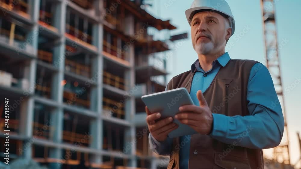 Poster Engineer using a digital tablet while overseeing construction at a building site. Project management and technology integration in modern construction 