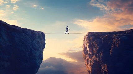 A person carefully walking on a tightrope stretched between two rugged cliffs symbolizing the balance focus and determination required to overcome challenges and achieve one s goals