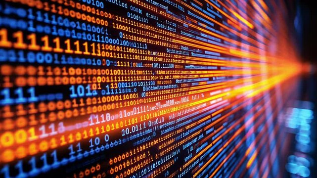 A captivating display of luminous binary code streams in vibrant colors, showcasing the dynamic nature of data visualization and digital technology.