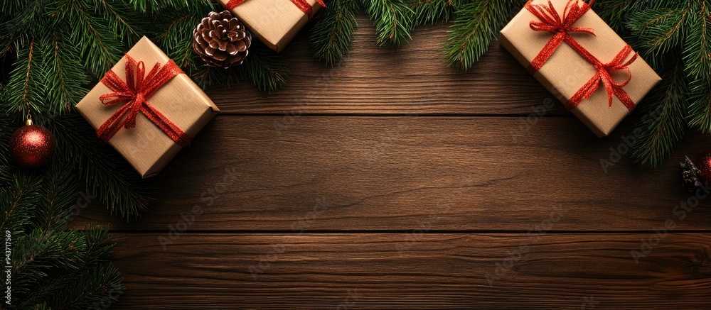 Poster Christmas gift boxes and a fir tree branch on a wooden table viewed from above Christmas background. with copy space image. Place for adding text or design