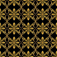 Fototapeta premium A repeating pattern of gold floral motifs on a black background. AI generation.