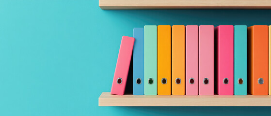 Colorful binders neatly arranged on a wooden shelf against a vibrant turquoise wall, creating an organized and cheerful workspace atmosphere.
