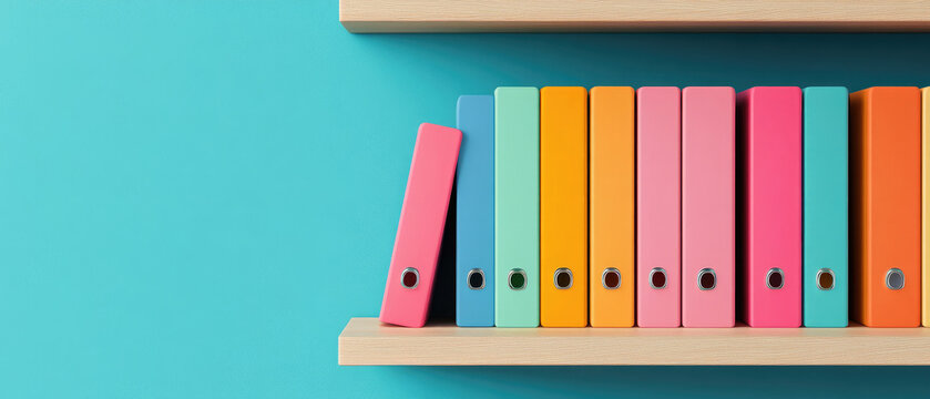 Colorful binders neatly arranged on a wooden shelf against a vibrant turquoise wall, creating an organized and cheerful workspace atmosphere.