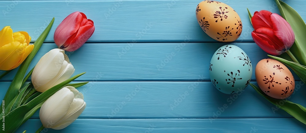 Poster Easter eggs beside tulips on a blue wooden surface. with copy space image. Place for adding text or design