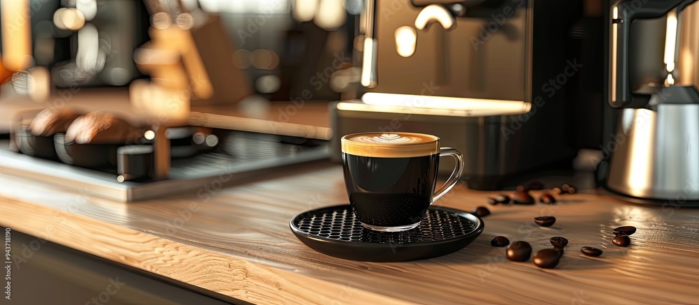 Poster Homemade coffee station featuring a Nespresso and a cup of black coffee. with copy space image. Place for adding text or design