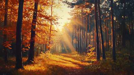 Obraz premium Golden autumn light filtering through tall trees on a tranquil forest path during early morning hours
