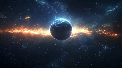 A planet with a bright blue atmosphere in a starry sky with an orange nebula behind it.