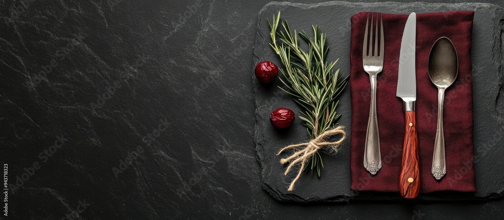 Poster cutlery set featuring a knife spoon and fork on slate stone cutlery arranged with a burgundy napkin 