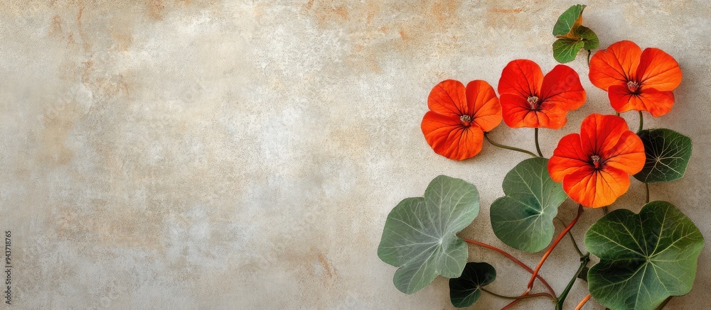 Aufkleber square fashionable aged textured paper background featuring tropaeolum majus the garden nasturtium. 