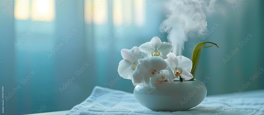 Poster close up of an air humidifier towel and orchid flower concept of aromatherapy wellness and health. w