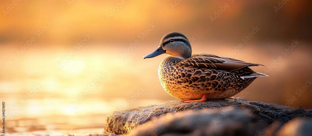 Poster A spot billed duck is resting at the shore. with copy space image. Place for adding text or design