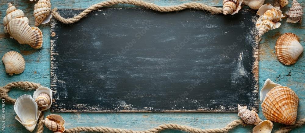 Poster sea travel frame decoration featuring seashells and rope on a wooden background with a blackboard. w