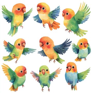 A colorful illustration of various parrots in different poses and expressions.