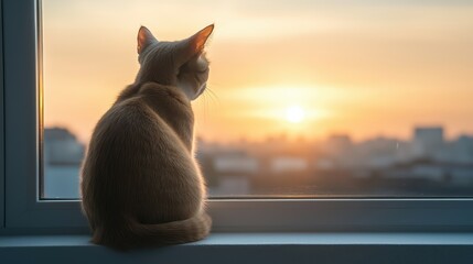 A cat sits peacefully by window, gazing at sunset, evoking sense of calm and contemplation. 