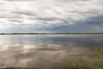 Fototapeta premium lake and trees on the shore before a storm