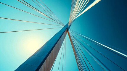 Fototapeta premium A striking view of a modern cable-stayed bridge. The image captures the upward perspective showcasing the strong structure and vibrant blue sky. A perfect blend of architecture and nature. AI