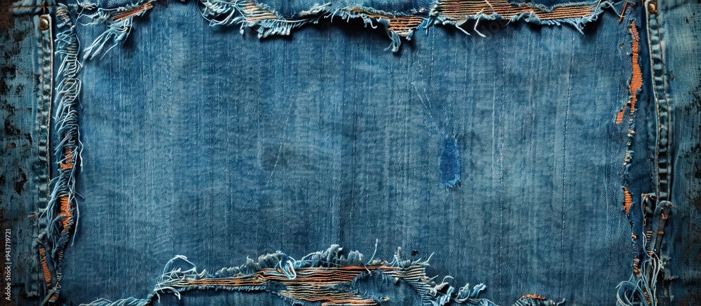Aufkleber blue old denim background featuring a torn patch in the center used as a backdrop. with copy space image. Place for adding text or design