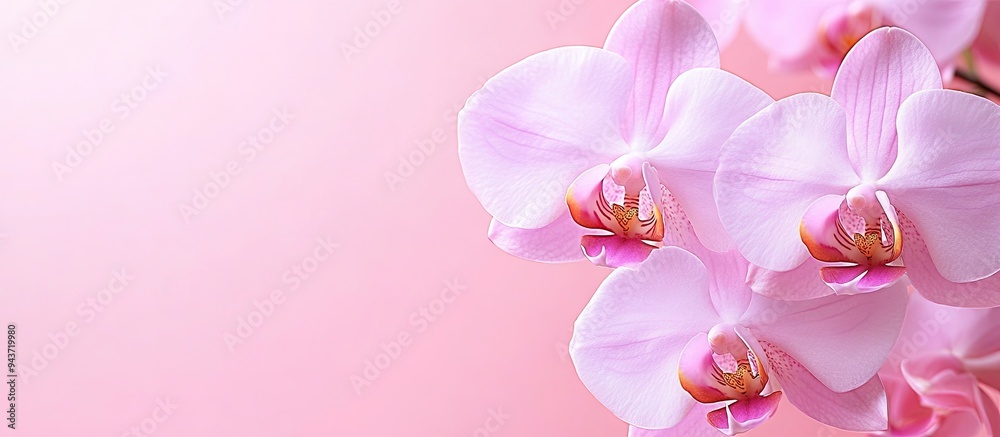 Poster phalaenopsis orchid blossoms on a pink background. with copy space image. place for adding text or d