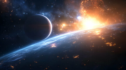 Obraz premium A planet with a fiery star and another planet in the background, with city lights in the foreground, captured from space.