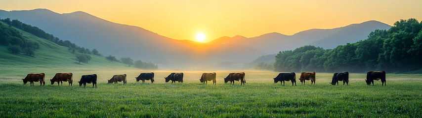 Fototapeta premium Serene Pastoral Scene with Blurred Grazing Cows in Background