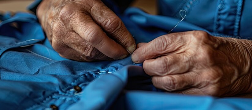 Close up horizontal photo of a mature adult Caucasian woman s hands sewing with a needle and thread to repair a blue shirt engaging in manual tailoring work. with copy space image