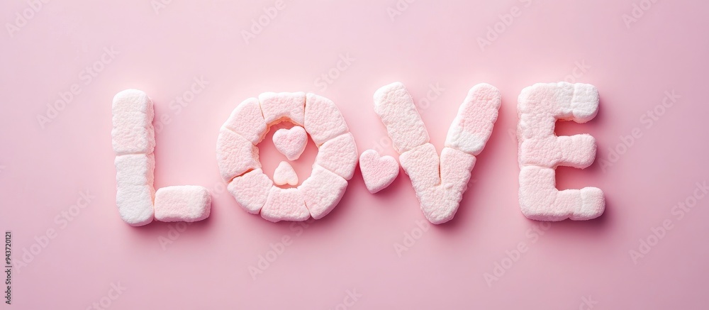 Poster Top view of the word LOVE made from wooden letters and heart shaped marshmallows on a pink background. with copy space image. Place for adding text or design