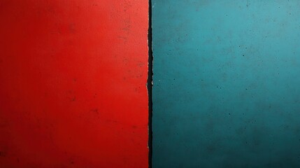 Vibrant red and teal colors create striking contrast, evoking sense of boldness and energy. division between two colors adds dynamic element to composition. 