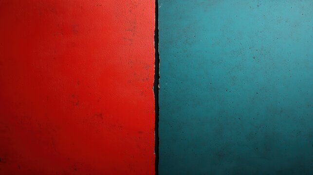 Vibrant red and teal colors create striking contrast, evoking sense of boldness and energy. division between two colors adds dynamic element to composition. 