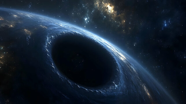 A planet with a giant black hole in its surface, against a backdrop of stars and a galaxy.