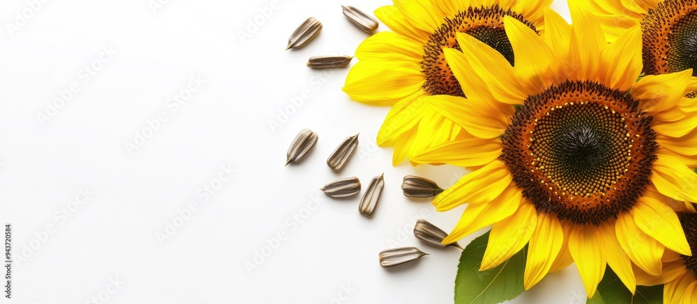 Poster yellow sunflowers and sunflower seeds set against a white backdrop. with copy space image. place for