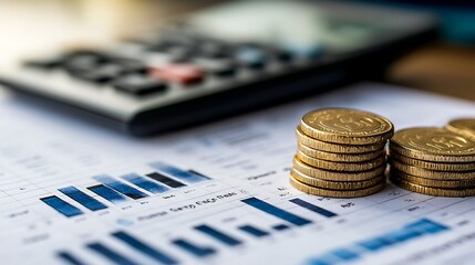 Gold coins rest on a financial graph chart with a calculator nearby, illustrating wealth management and financial analysis.