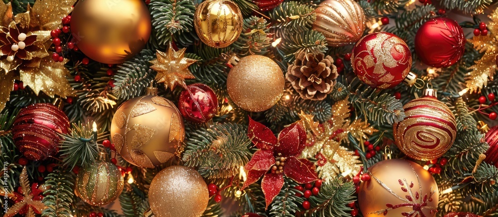 Aufkleber christmas tree adorned with gold ball ornaments and light bulbs. with copy space image. place for ad