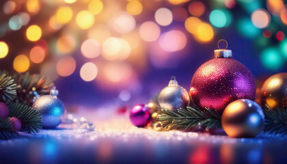 Obraz premium Magical Christmas background with fir twigs and globes and garland decorations with copy space 