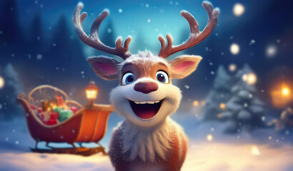 Fototapeta premium Happy reindeer cartoon character plays excited in the snow next to Santa Claus sledge. Christmas Eve night atmosphere of winter holidays
