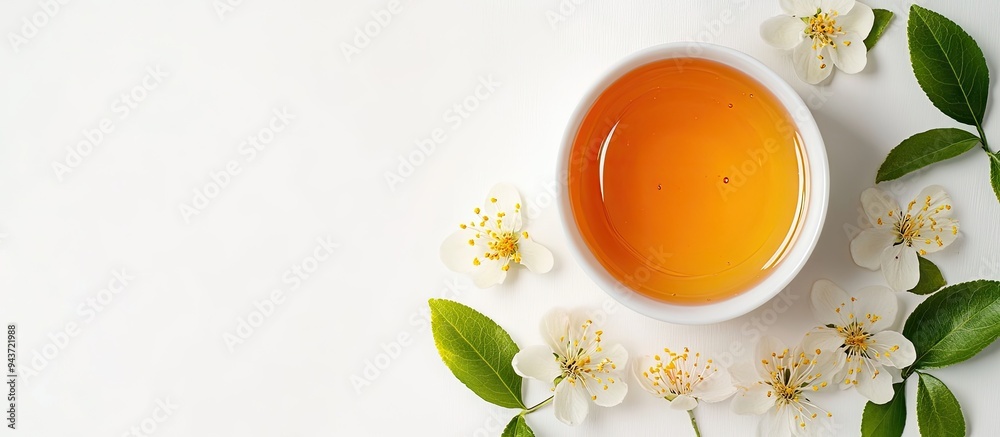 Poster A bowl of honey with surepka flowers on a white background Surepka has antioxidant benefits and includes ascorbic acid Space for text. with copy space image. Place for adding text or design